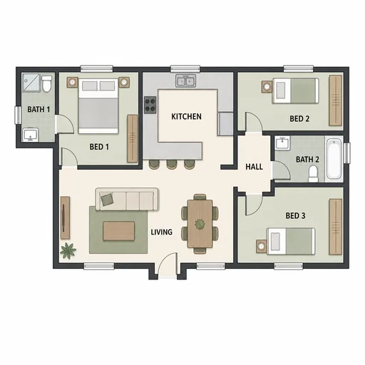 Unmeasured three-bedroom bungalow with two baths and open living kitchen.