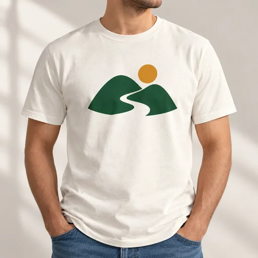 Cream T-shirt with green hills, a winding path, and an ochre sun logo.