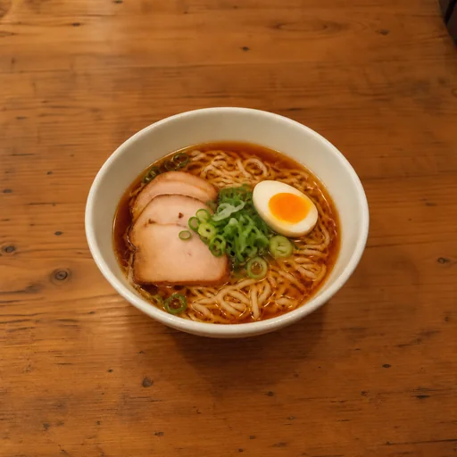 A ceramic bowl of ramen with sliced pork, scallions and half an egg sits on a warm wooden table in brighter light.