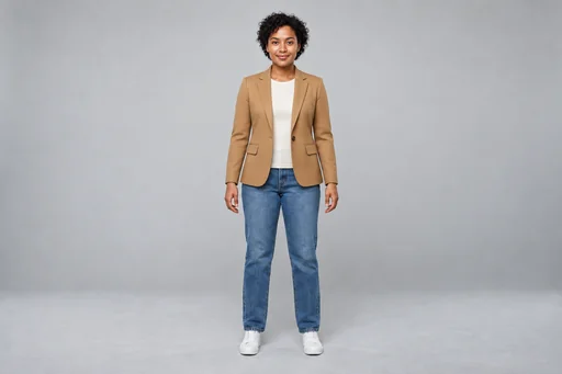 Source 2 for Outfit try-on: fictional camel blazer worn reference.