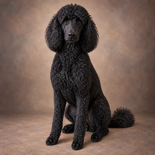 A black poodle sits upright against a softly lit warm neutral studio backdrop.