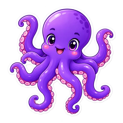 Friendly violet octopus and continuous white cut border, no checkerboard