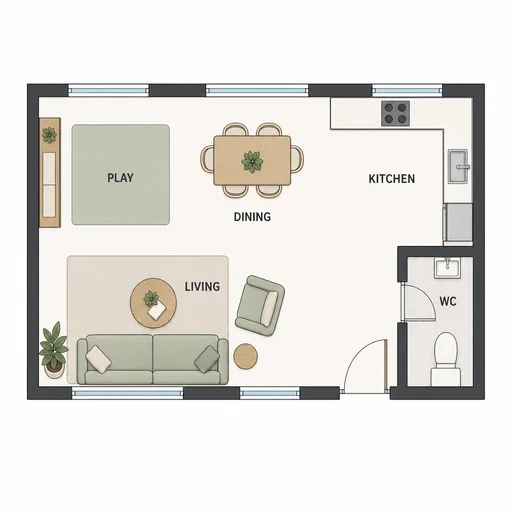 Refined open-plan floor layout preserving supplied rooms and furnishings.