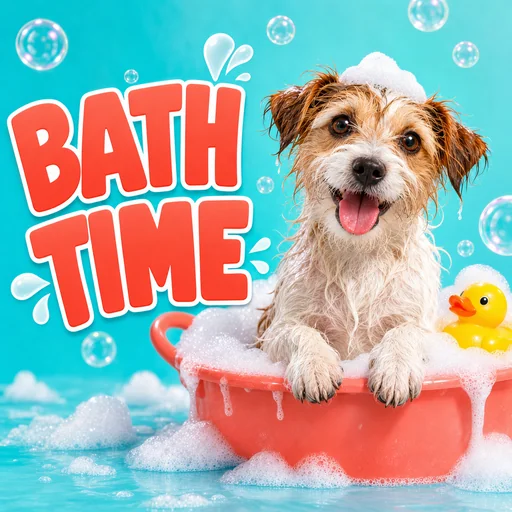 BATH TIME thumbnail with terrier at right in a coral bath.