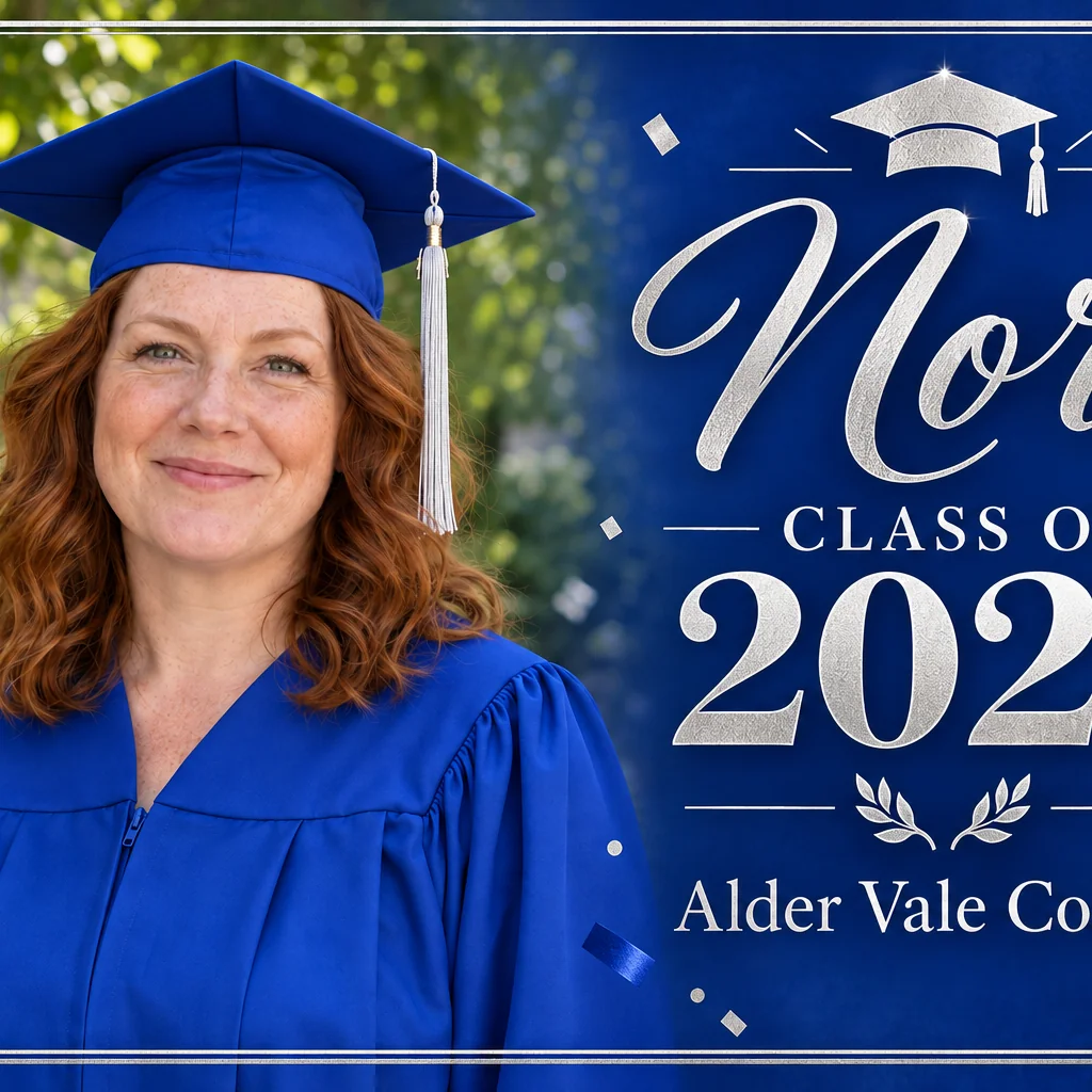 Royal blue and silver graduation announcement with a red-haired graduate beside Nora, Class of 2026, and Alder Vale College.
