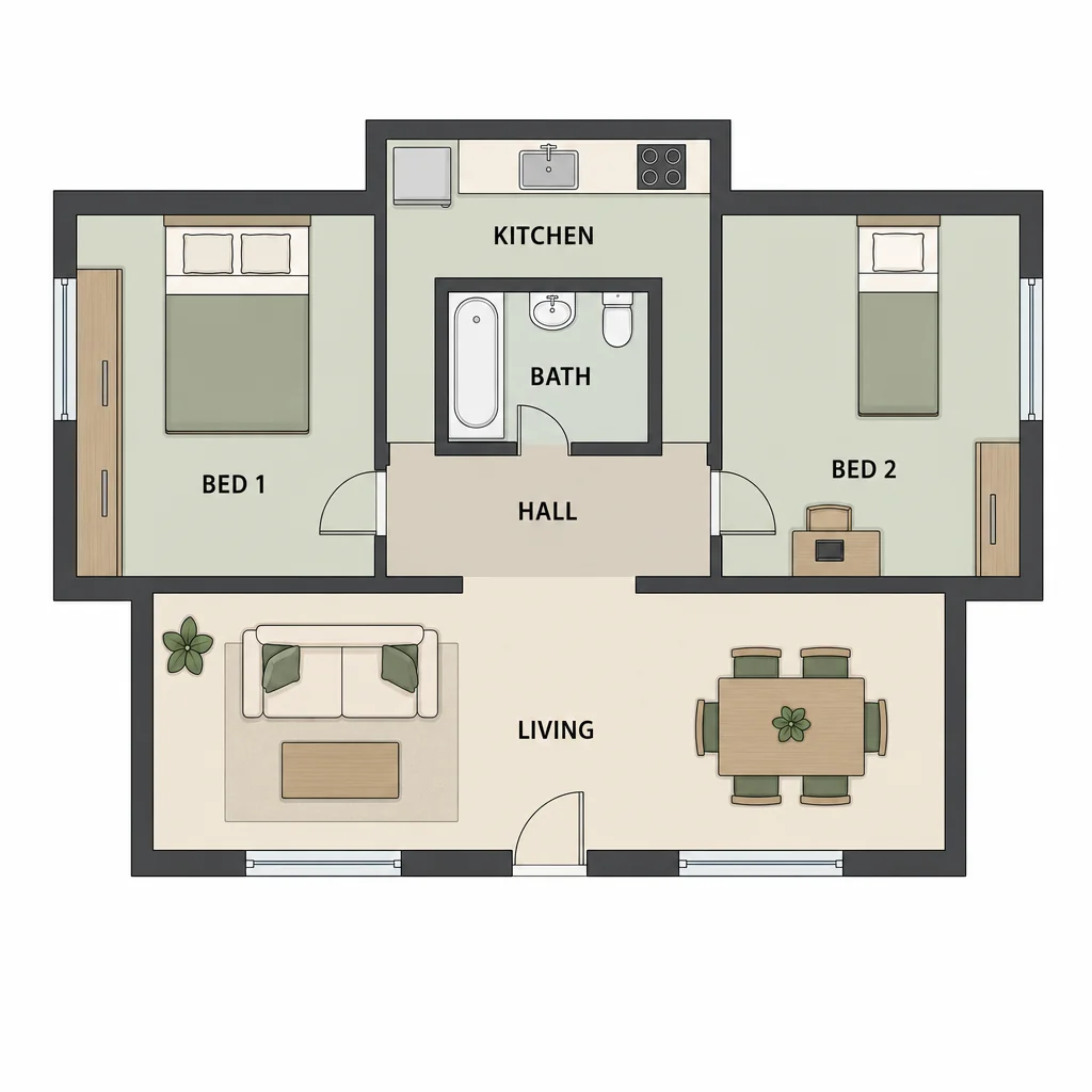 Split-bedroom floor plan with open hall passages beside a central bath, a kitchen above, and living and six-seat dining below.