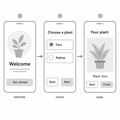Three plant-care screens, two rightward arrows, Fern selected and Plant: Fern result, correct buttons and readable copy.