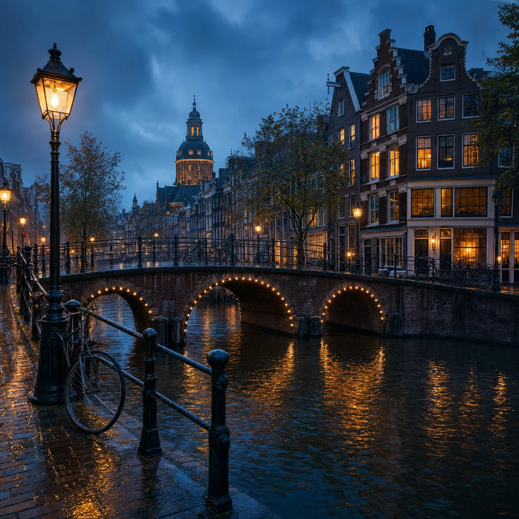 A rainy brick canal district at blue hour, with an arched footbridge and warm windows reflected in the water.
