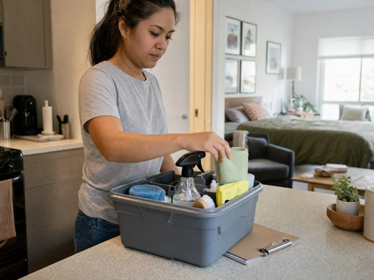 Person assembling a small cleaning caddy on a kitchen counter with a clipboard checklist partly tucked under the caddy (writing occluded) and a tidy studio blurred behind