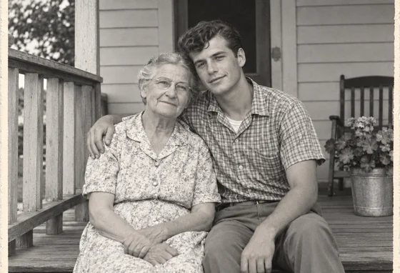 A restored monochrome photograph of a grandmother and grandson sitting together on a porch.
