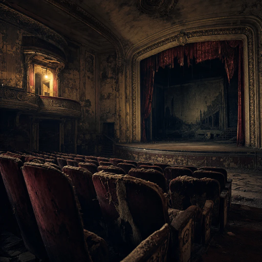Torn velvet seats face a shadowed stage in a deserted old theater, lit by one pale balcony light.
