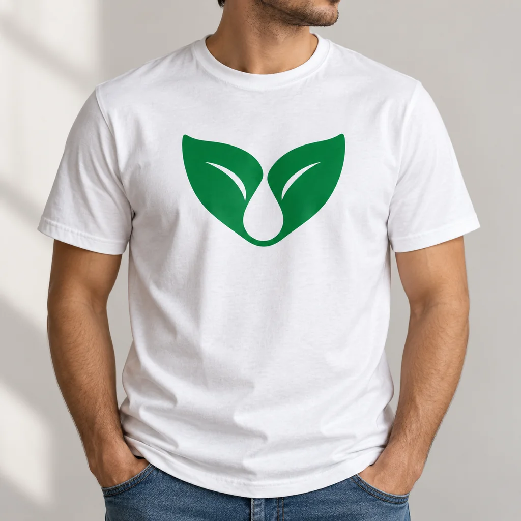 White T-shirt with a green paired-leaf and droplet logo on the chest.