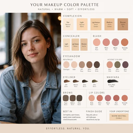 Makeup color board with the original denim-jacket portrait and labeled cosmetic swatches.