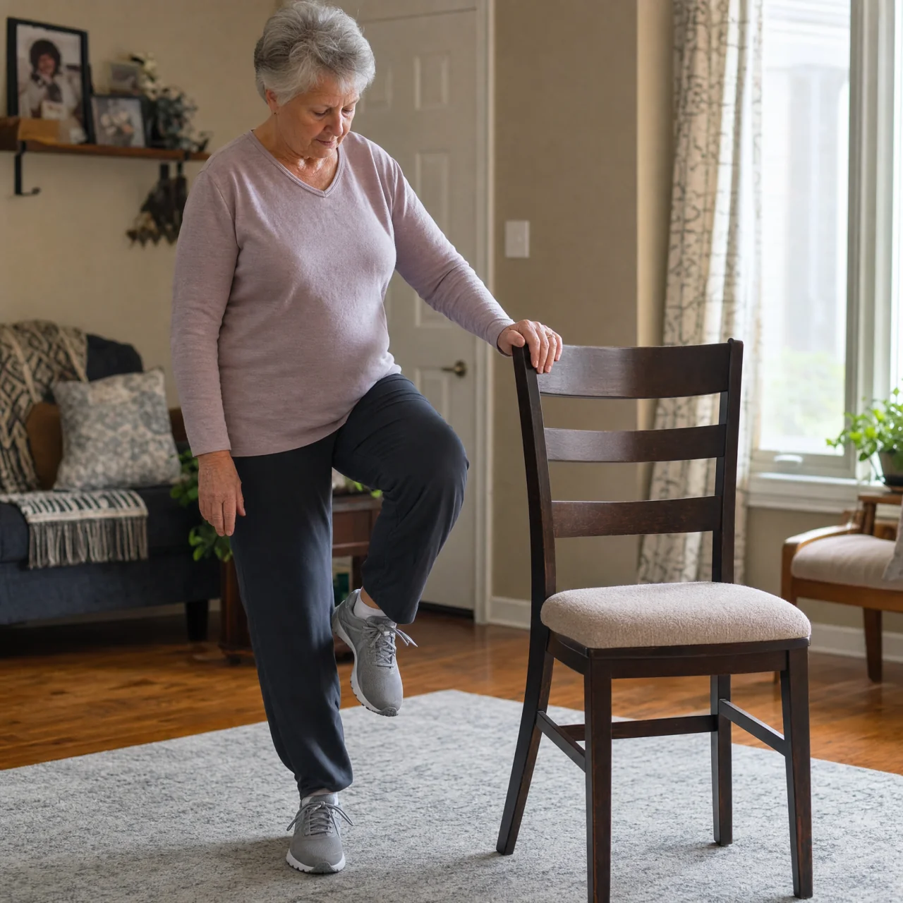 Older adult standing next to a sturdy chair, holding the back and doing a slow supported marching step.