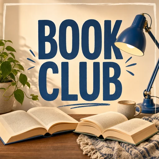 BOOK CLUB social graphic with two open books and a blue lamp.