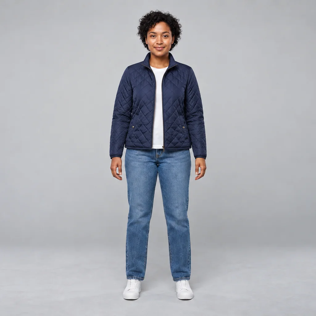 Woman wearing a navy quilted jacket over a white T-shirt with jeans and white sneakers in a gray studio.