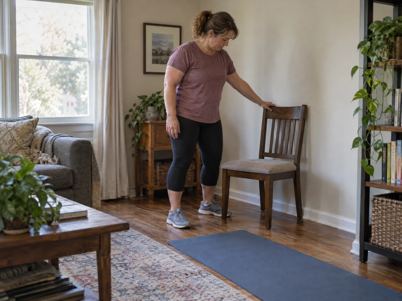 Adult steadying a sturdy chair with its back against a living-room wall and its seat facing a clear workout space, with a mat lying nearby.