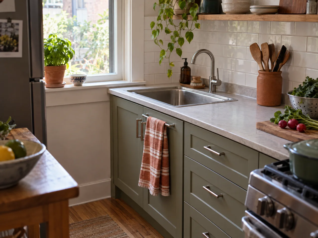 Small kitchen sink and clear prep counter with a terracotta utensil crock, rust-striped tea towel, and windowsill herb.