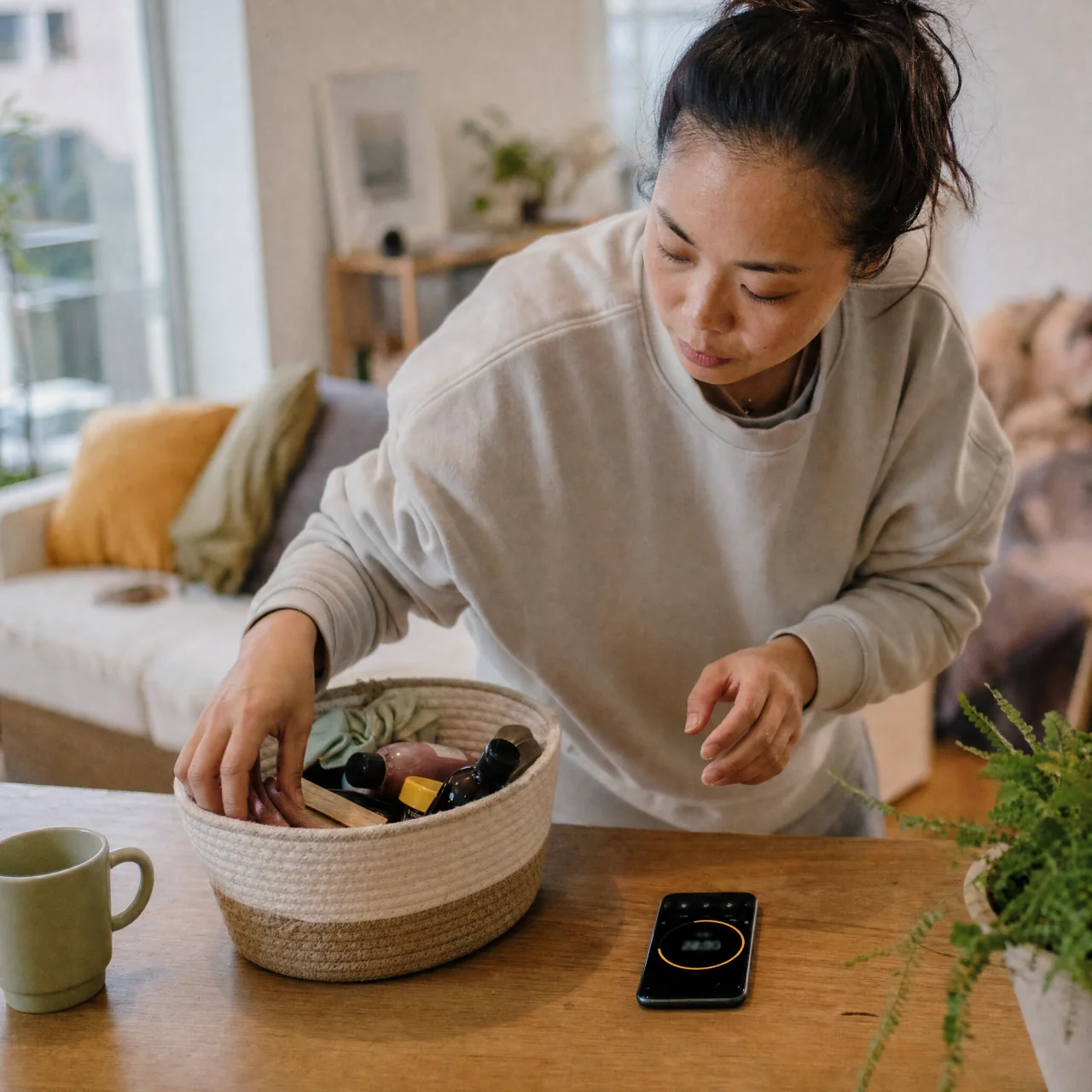 Person doing a quick tidy with a phone timer visible on the table and placing items into a small basket