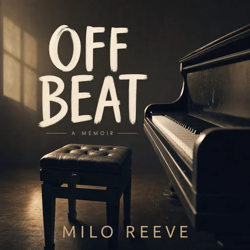 Off Beat cover by Milo Reeve showing an empty piano stool beside piano keys and added A Memoir text.