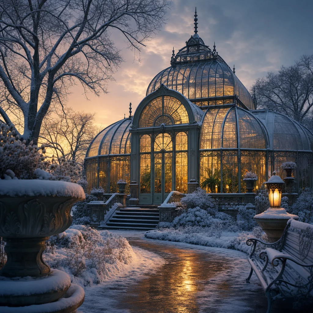 Warmly lit glass conservatory with curved iron ribs in a snowy garden among bare trees.