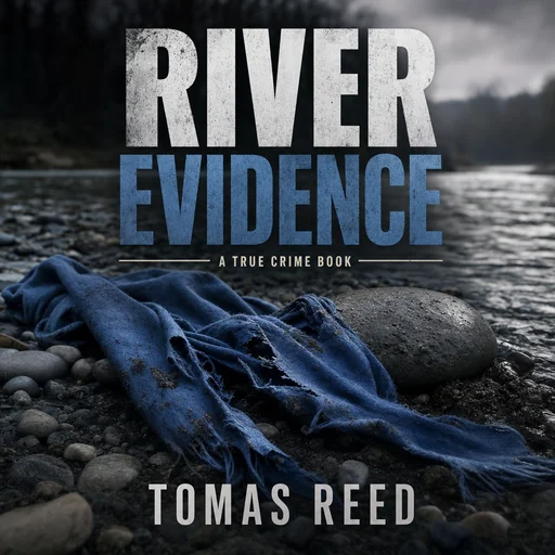 River Evidence cover by Tomas Reed with a torn blue scarf beside a river stone and added subtitle.