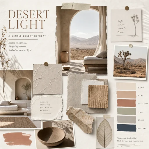 Desert Light moodboard with warm desert architecture, natural textiles and earth tones.