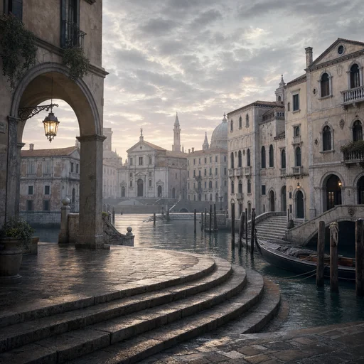A Renaissance-inspired canal square with an arched stone landing, plaster facades and pearl-gray dawn light.