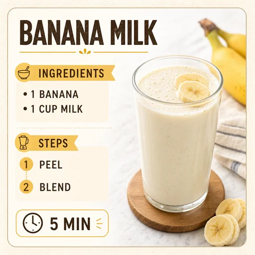 Readable BANANA MILK title, exact ingredients 1 BANANA / 1 CUP MILK, PEEL / BLEND numbered steps, and 5 MIN timing.