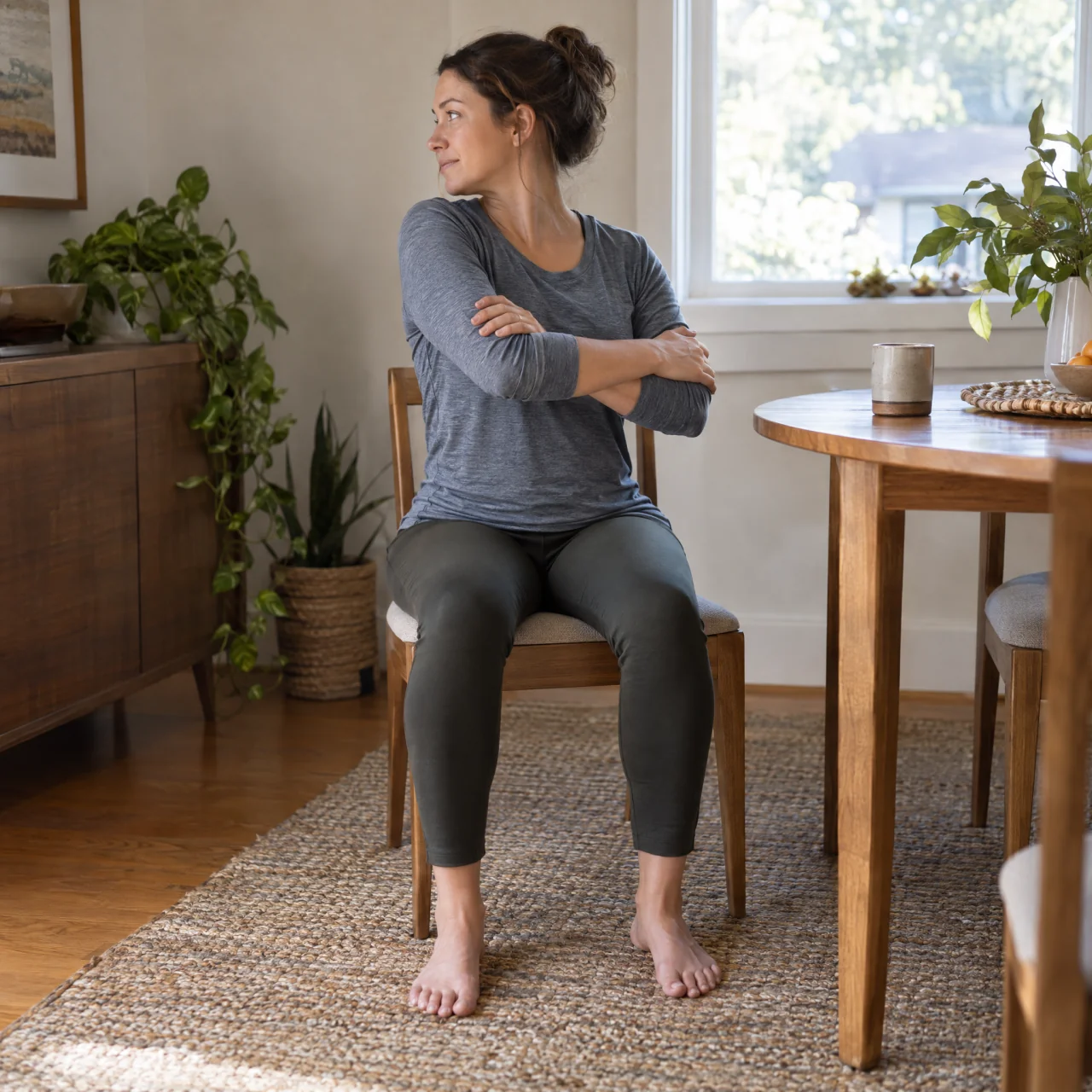 Adult sitting upright on a sturdy chair with feet flat and arms loosely crossed, gently turning the upper body to one side.