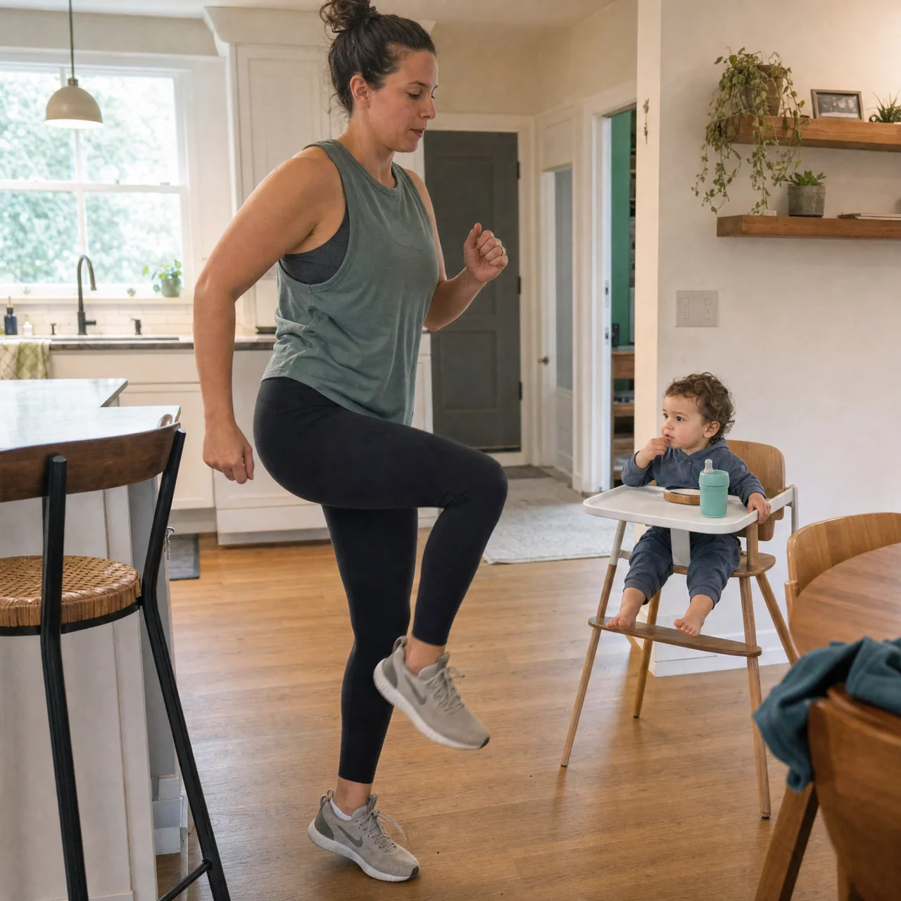 A parent doing a quick five-minute fallback routine standing in the kitchen while a small child sits nearby.