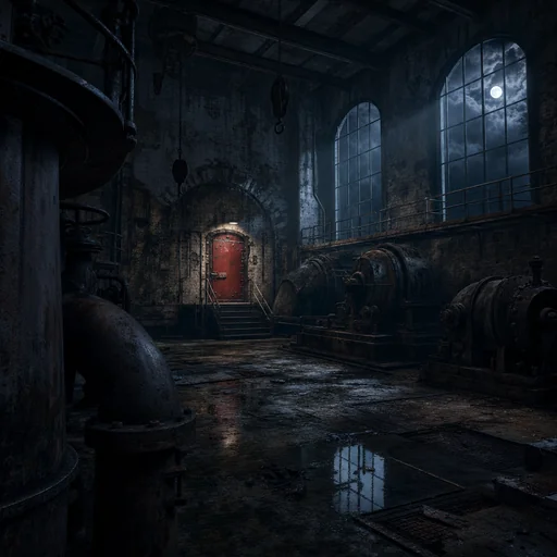 Cold moonlight falls into an abandoned pumping hall with rusted machinery and a red iron door.