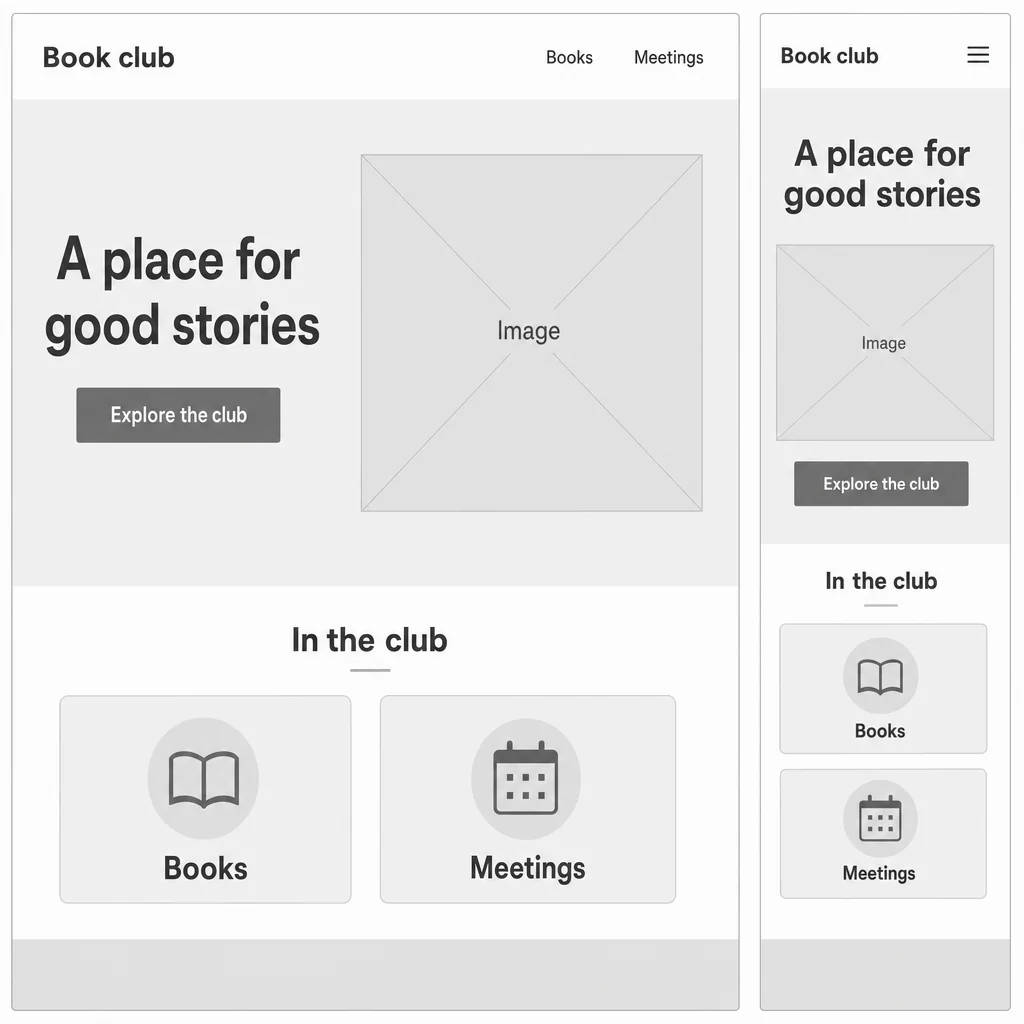 Book club homepage, Books/Meetings navigation and cards, exact headline, Image placeholder and CTA are readable and grayscale.