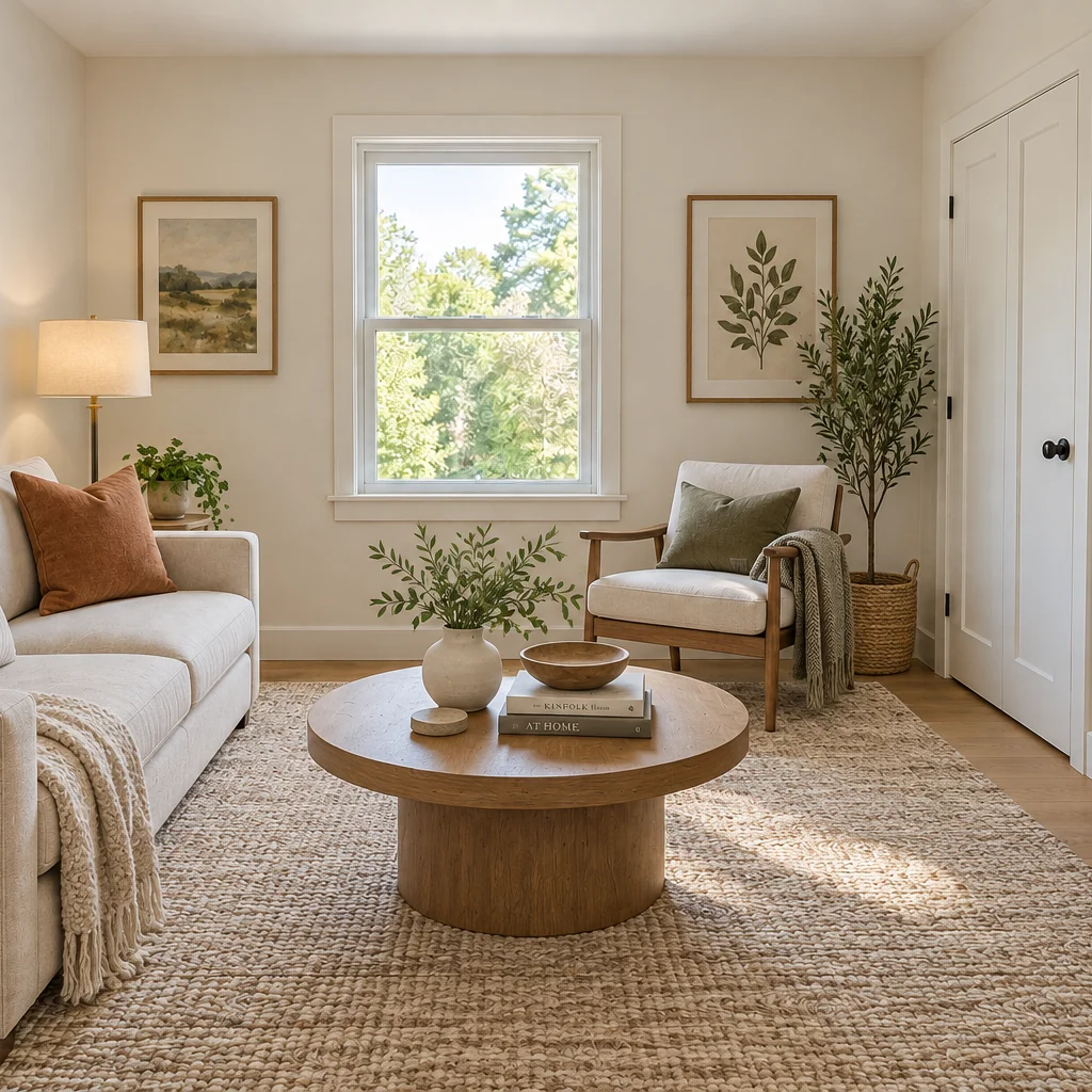 Small living room staged with a cream sofa, wood coffee table, accent chair, textured rug, plants and framed art.