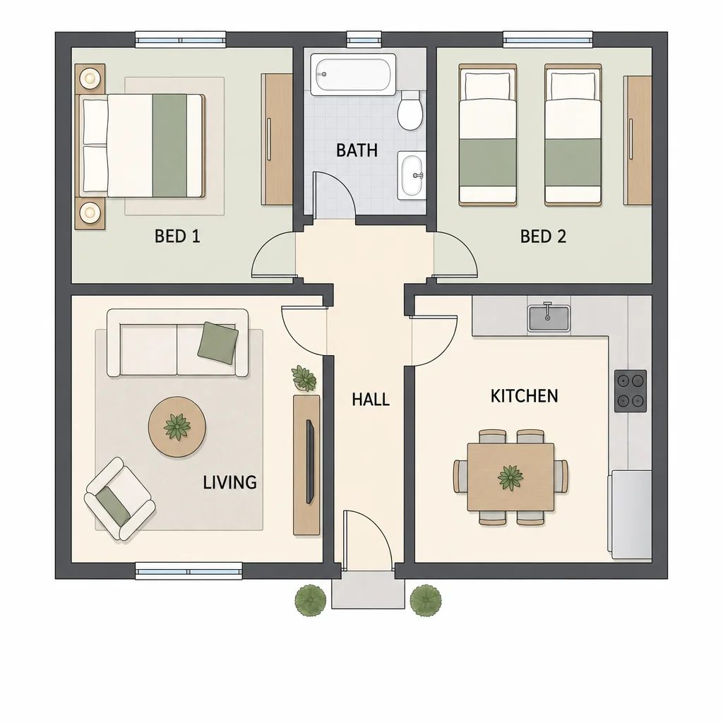 Unmeasured two-bedroom cottage plan with living room, kitchen and central hall.