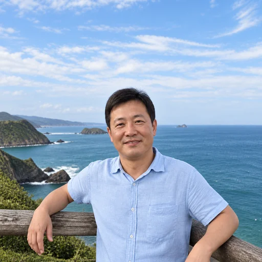 A colorized seaside portrait of a man in a pale blue shirt leaning against a wooden railing above blue-green water.