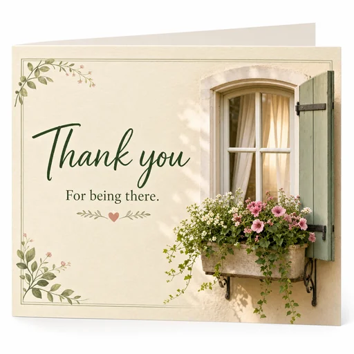 A window and flower-box neighbor card with a warm thank-you message.