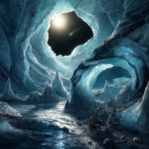 Translucent blue ice ridges and dark mineral seams surround a sunlit opening onto black space.