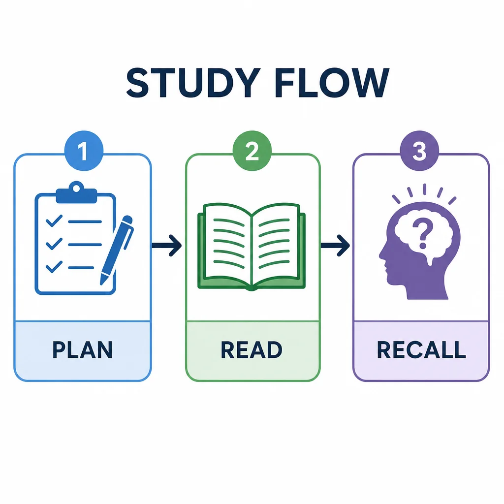 STUDY FLOW with PLAN→READ→RECALL and two correctly directed arrows. 1–3 are navigational step indices, not invented steps/facts..