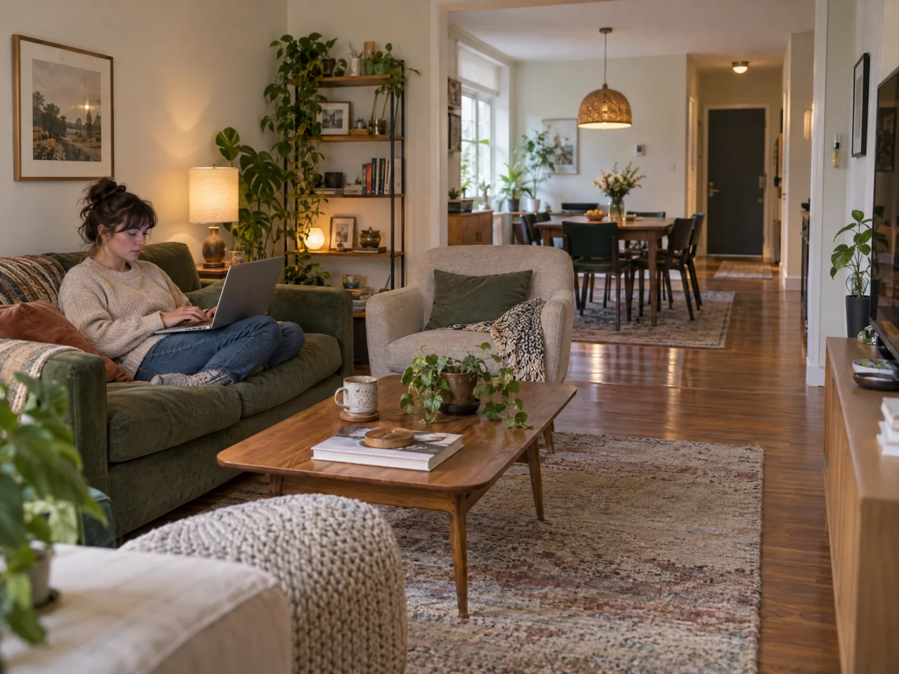 Compact living room with a sofa, armchair, and coffee table, connected to a small dining area by an open walking route leading toward a hallway.