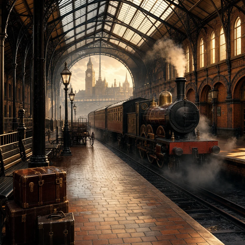 A nineteenth-century railway hall with brick platforms, an iron-and-glass roof and warm side light.