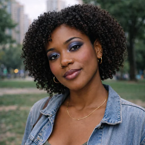 A woman with curly hair wears silver-blue smoky eye makeup and mauve lipstick in an outdoor portrait.