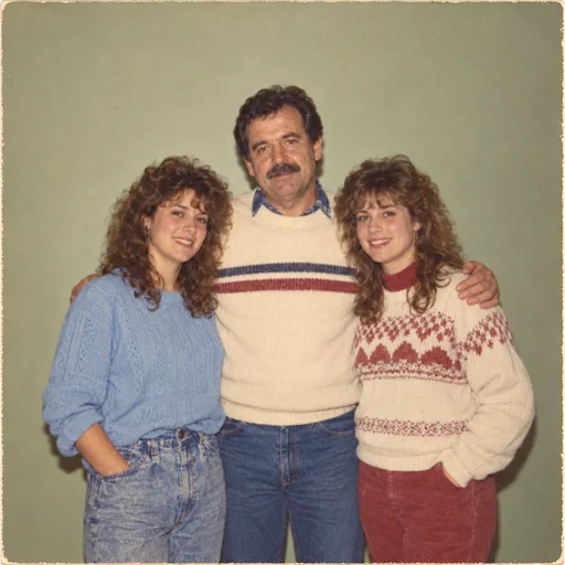 A repaired faded color family portrait of a man standing between two young women against a plain indoor wall.