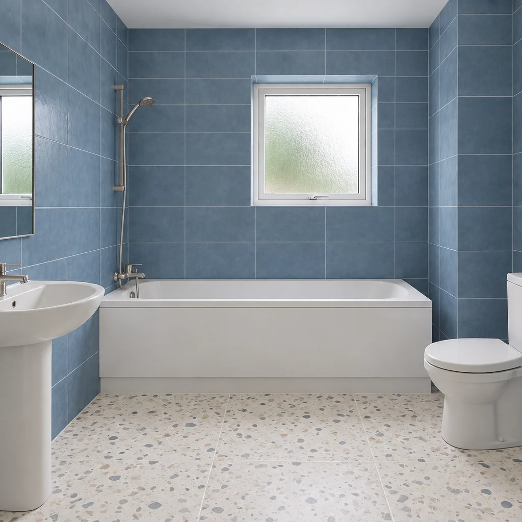 Blue-tiled bathroom with a pale terrazzo floor, nickel taps and white tub, sink and toilet.