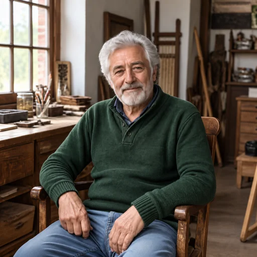 A colorized portrait of a silver-haired man in a dark green sweater seated beside a wooden workshop bench.