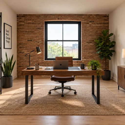 Brick-walled home office with a wooden desk, leather chair, open shelving and a low wood cabinet.
