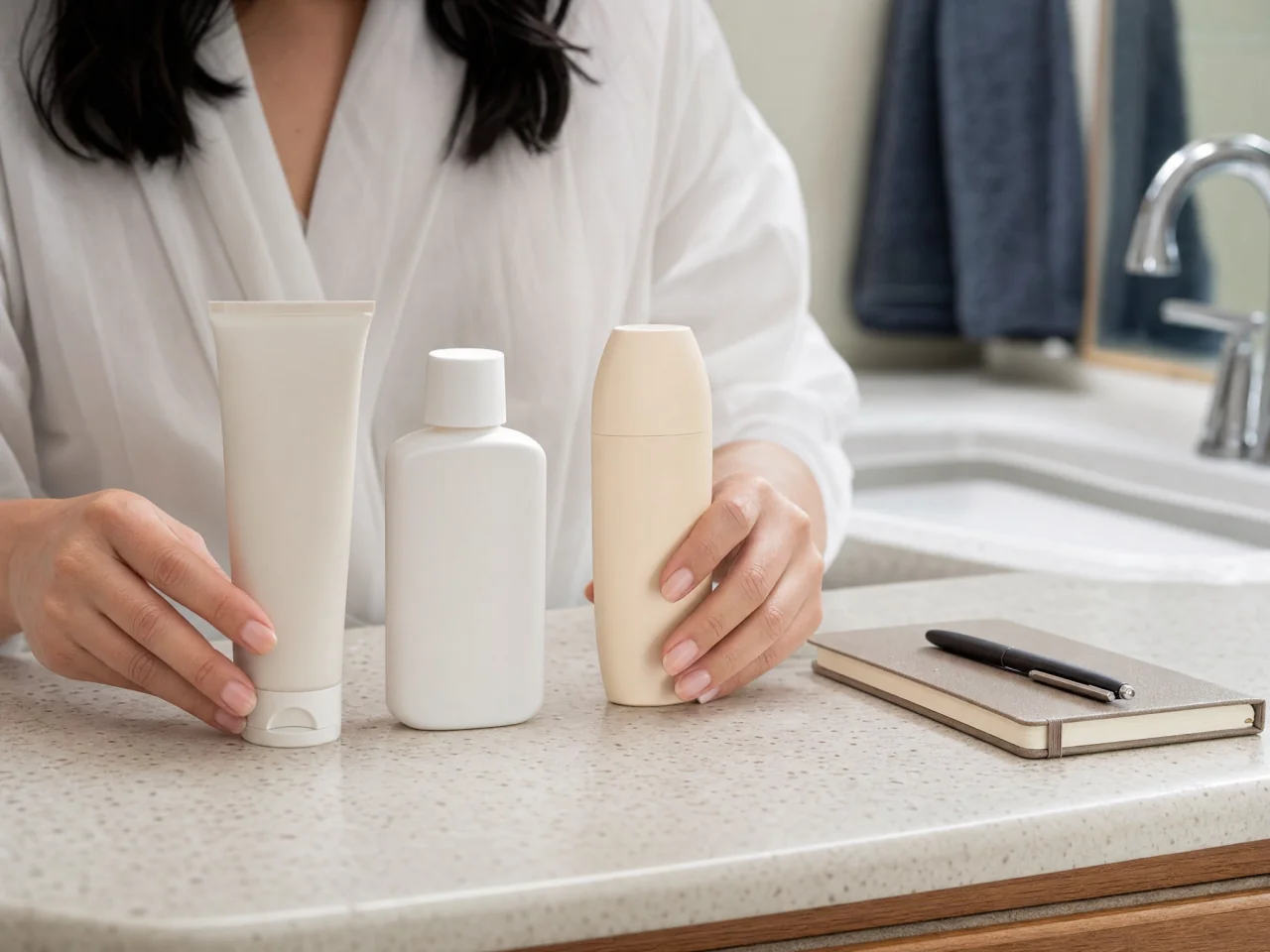 Three unbranded skincare containers (cleanser pump, moisturizer bottle, sunscreen tube) shown from their backs/edges on a bathroom counter with a closed notebook and pen beside them