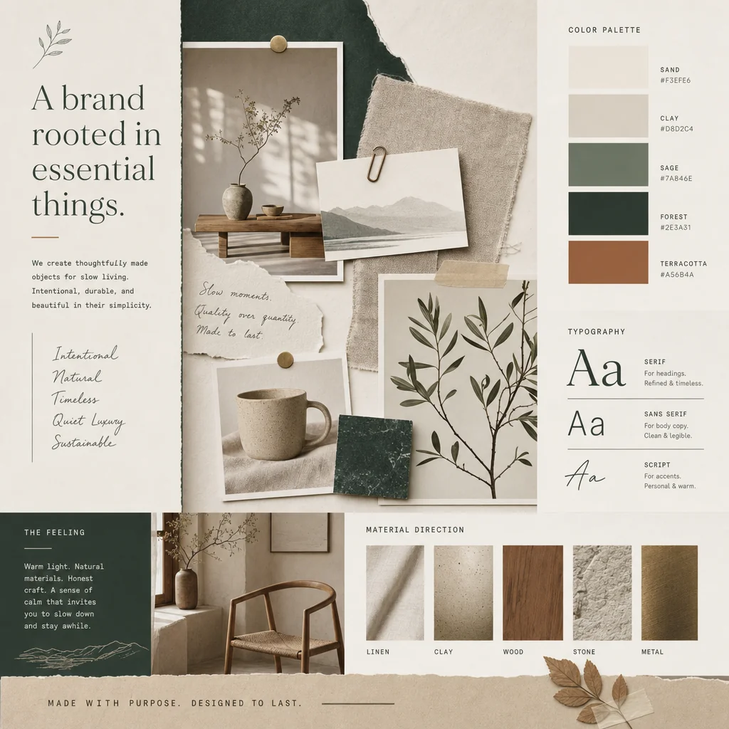 Natural brand moodboard with warm neutral and forest colors, ceramic and linen materials, and typography cues.