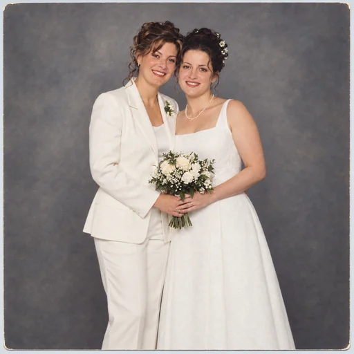 A restored wedding portrait of two smiling women in white outfits holding a bouquet against a gray backdrop.