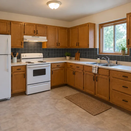 Kitchen with matte charcoal square backsplash tiles, oak cabinets and cream counters.